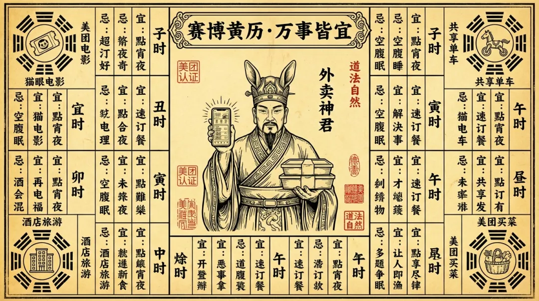 美团 赛博黄历 复古符箓海报 效果展示