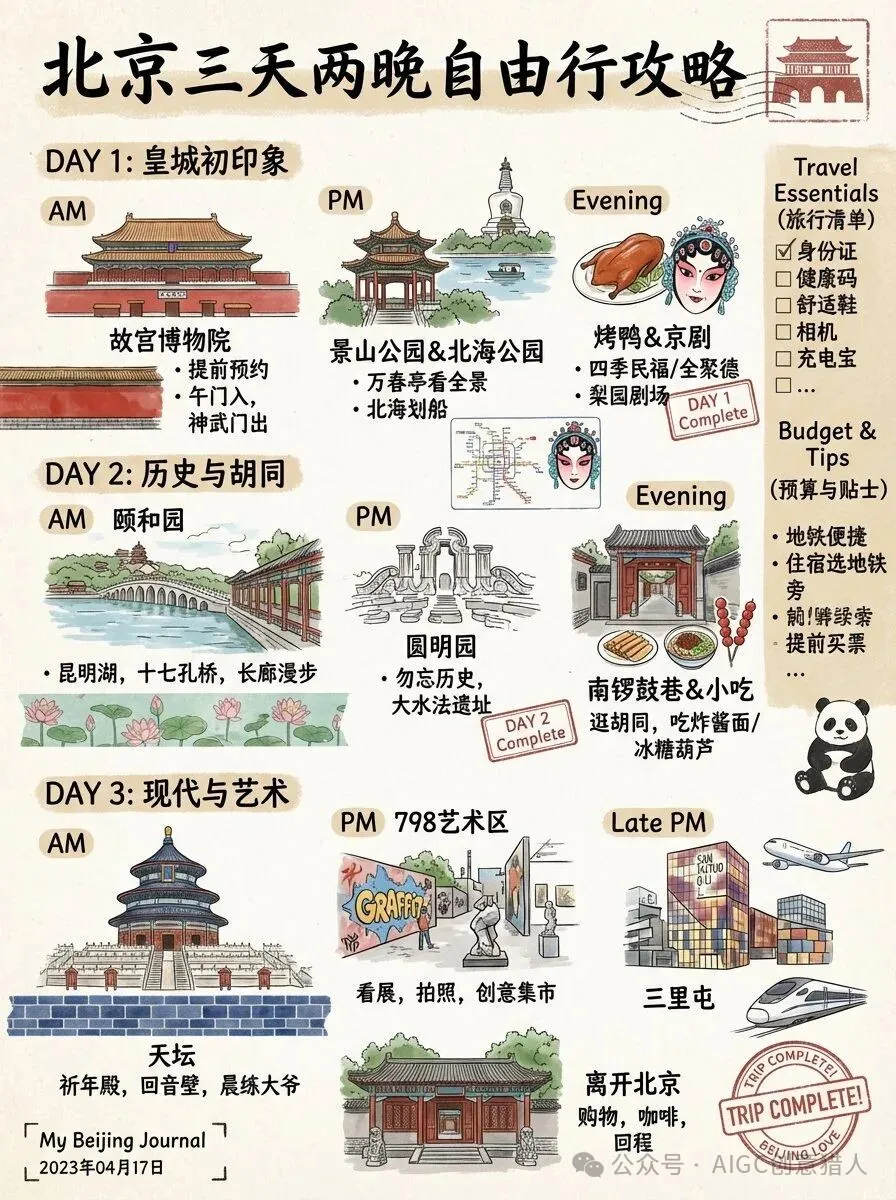 三天两晚北京旅游攻略手帐风格 效果展示