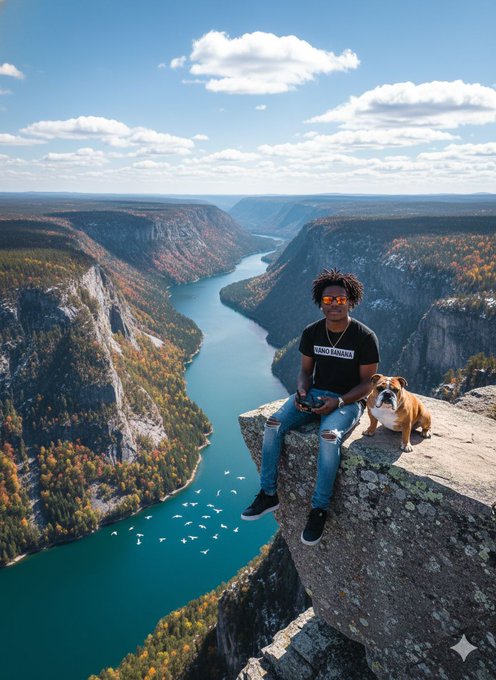 带着斗牛犬在悬崖上的男人无人机视角 效果展示
