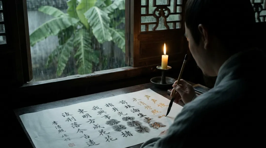 过肩镜头:雨夜瘦金体书稿 效果展示