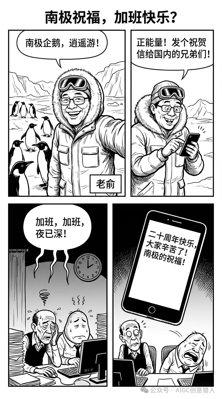 老夫子风格漫画:俞敏洪南极游玩与加班员工的对比 效果展示