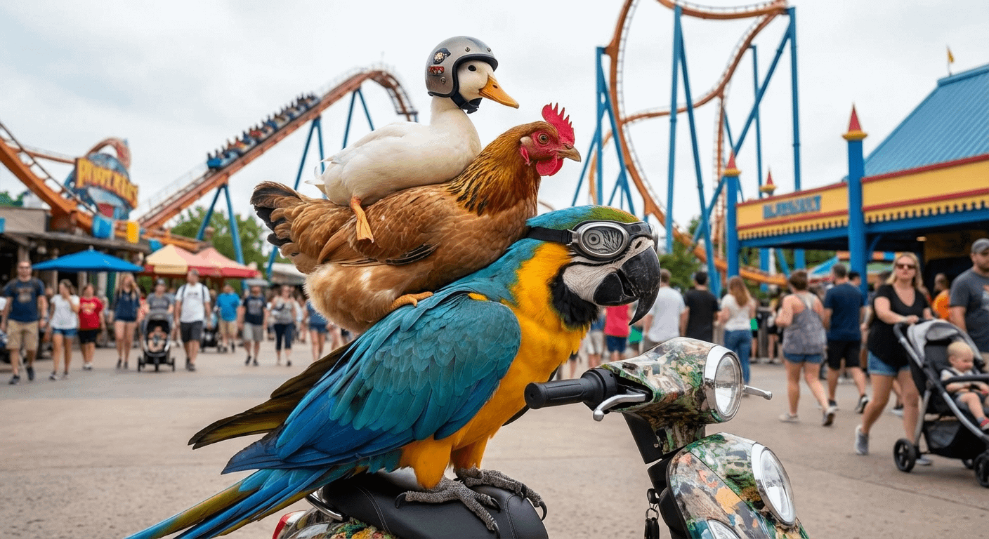 鸭子、鸡和鹦鹉骑滑板车 效果展示