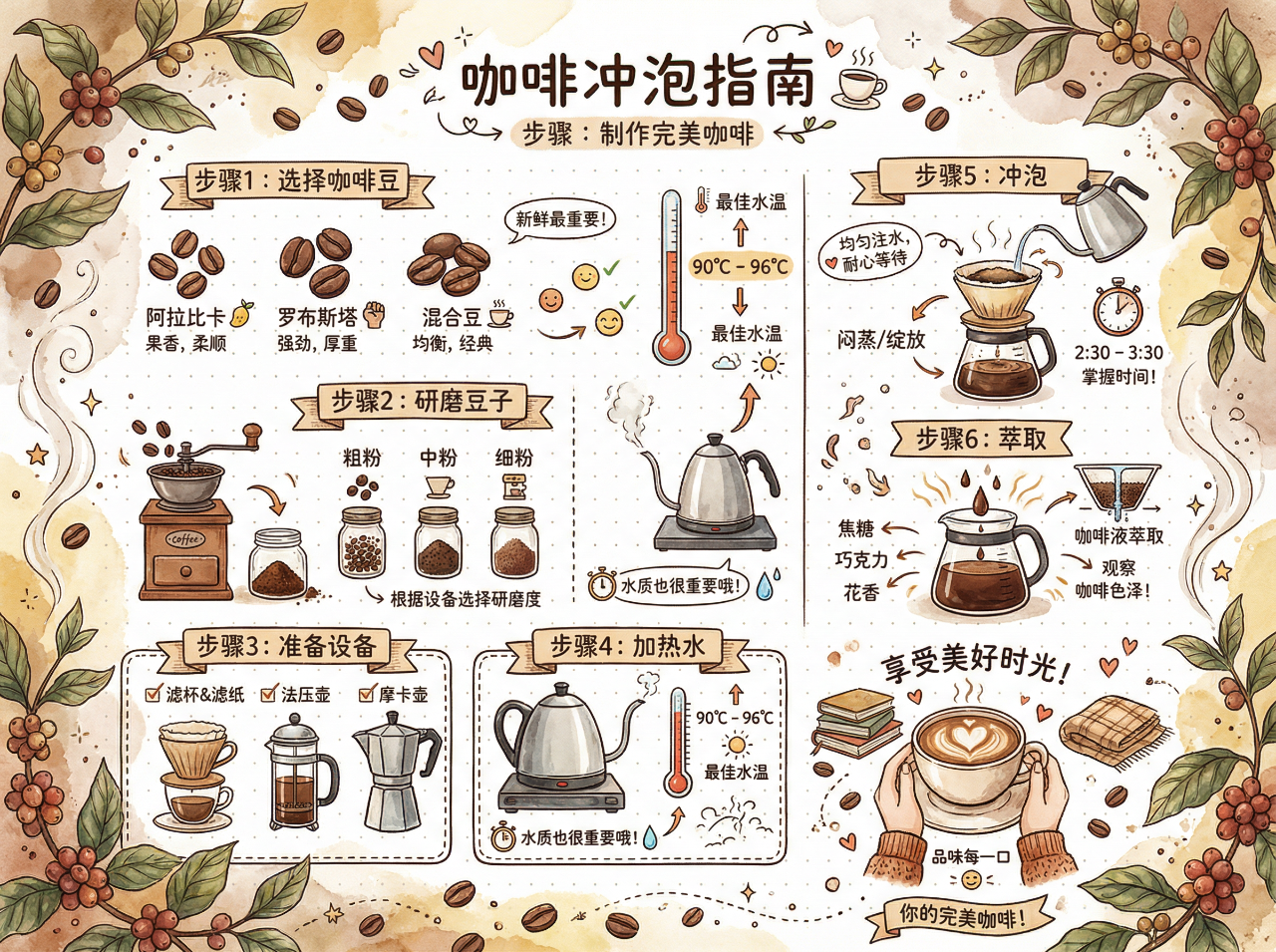 手账风格咖啡制作过程 效果展示