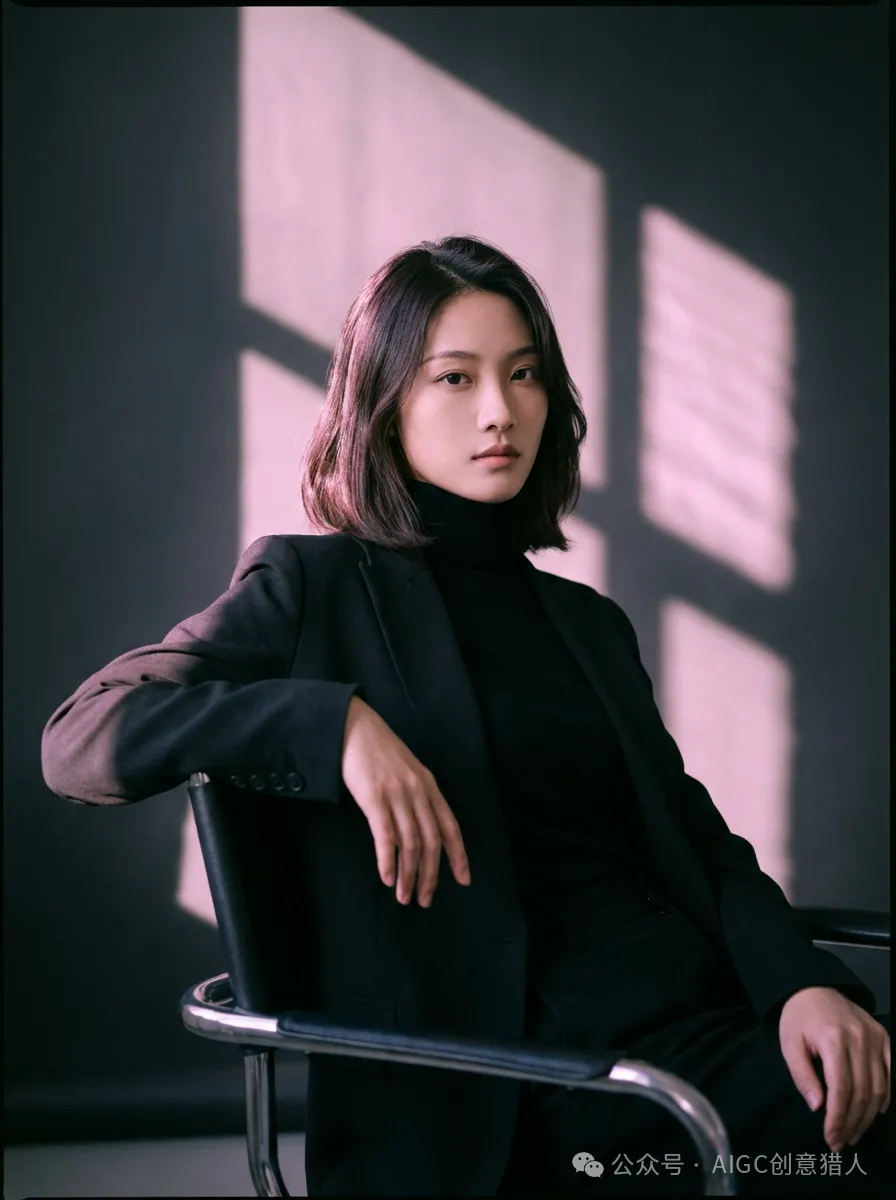 时尚电影肖像:年轻女性坐在现代椅子上 效果展示